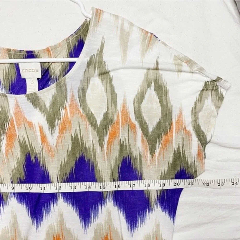 Chicos Aztec Ruched Sides Stretch Boho Soft Blouse Shirt Size 2 (L)